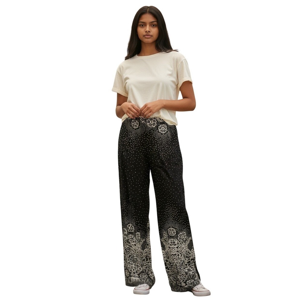 Espresso Womens Wide Leg Palazzo Pants Black White Floral Polka Dot Size Large